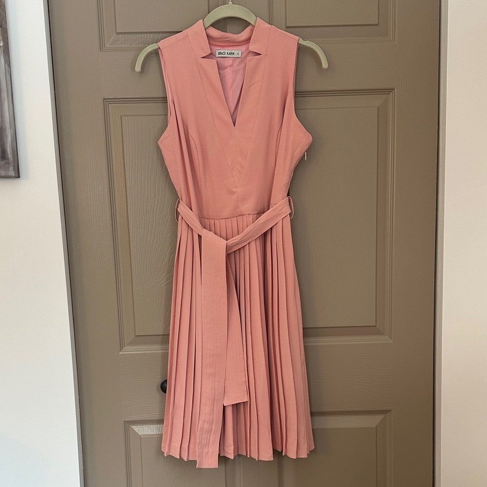 Grace Karin Peach Pleated Midi Dress